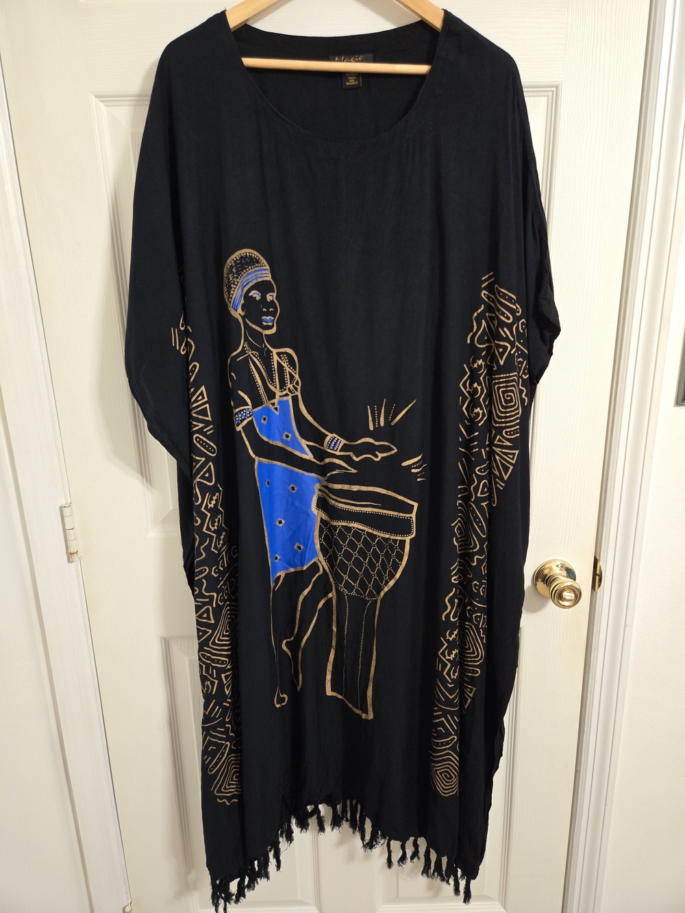 Magic Women's Black Caftan Mumu with Gold & Blue Drum Player Motif One Size